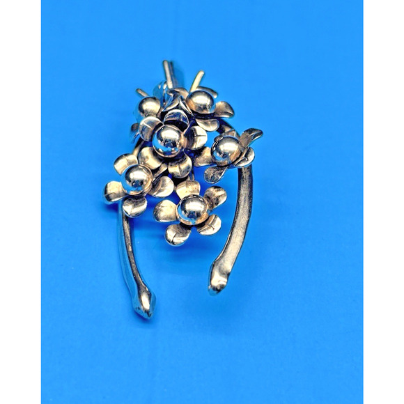 Vintage MCM Mid Century Silver-tone Wishbone Floral Cluster Brooch Pin 2" - Picture 6 of 12
